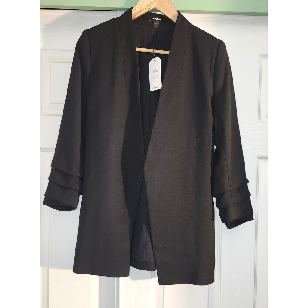 Express Womens Black Open Front Blazer Ruffle Tiered Cuff Jacket Small NEW
